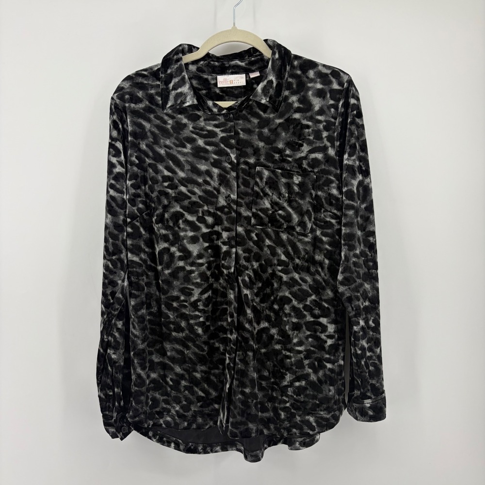 Belle by Kim Gravel Womens S Black Gray Leopard Velvet Button Down Shirt Pockets